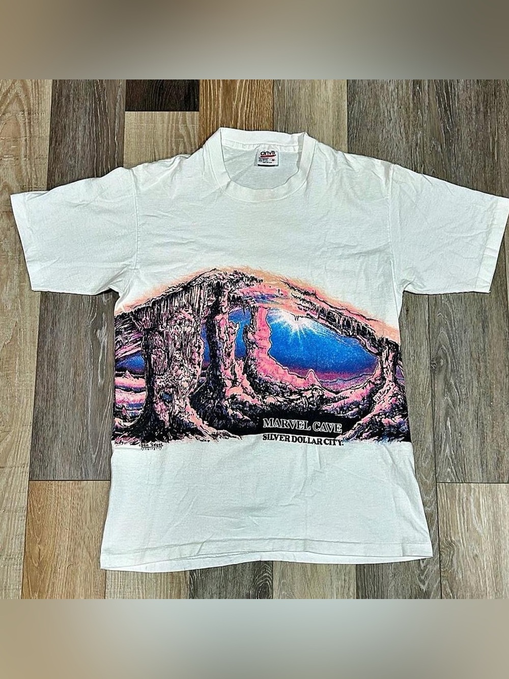 Anvil White Short-Sleeve Tee with Pink & Blue Marvel Cave Graphic